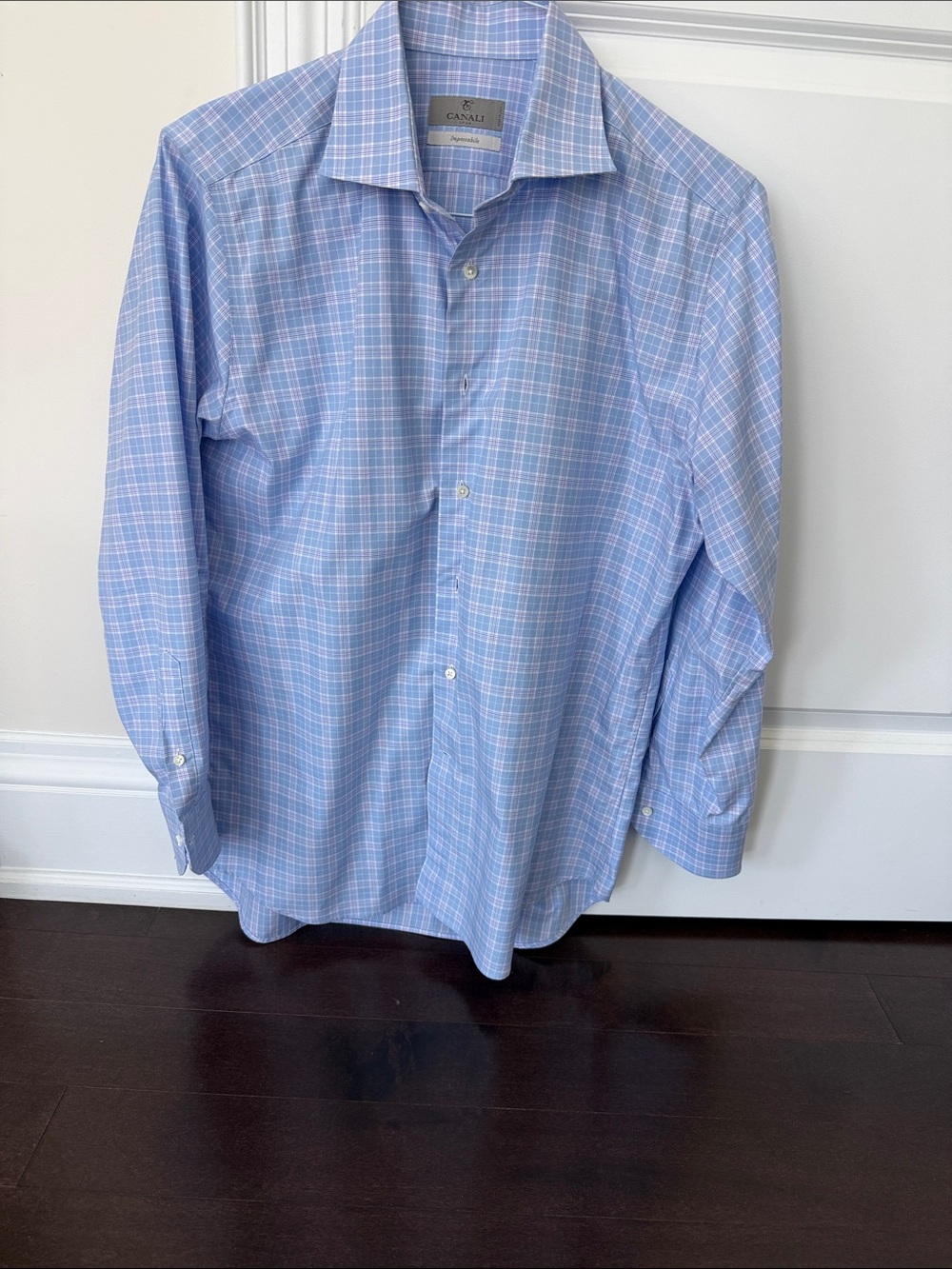 Canali Cotton Blue Plaid Dress Shirt with White and Pink Checks